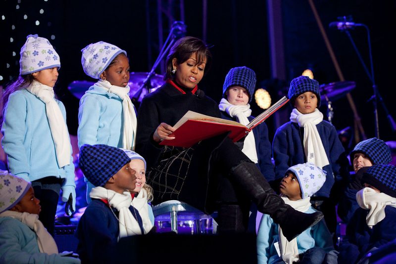 Michelle Obama reads "'Twas the Night Before Christmas" at the National Christmas Tree lighting ceremony on the Ellipse in Washington, D.C., on December 9, 2010