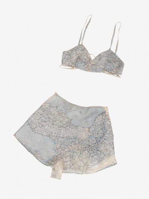 A set of Countess Mountbatten’s underwear made from a silk map given to her by a boyfriend in the Royal Air Force. Photo Credit