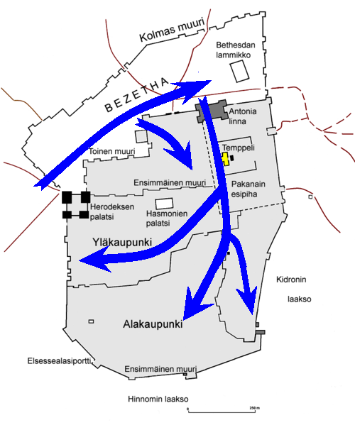 Map indicating progress of the Roman army during the siege Photo Credit