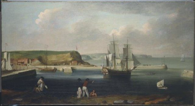 Earl of Pembroke, later HMS Endeavour, leaving Whitby Harbour in 1768. By Thomas Luny, dated 1790