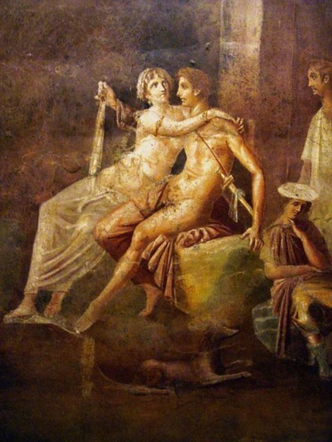 Dido embracing Aeneas, from a Roman fresco in the House of Citharist in Pompeii, Italy; Pompeian Third Style (10 BC - 45 AD)