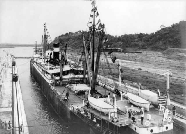 SS Ancon passing through the canal on 15 August 1914, the first ship to do so Photo Credit