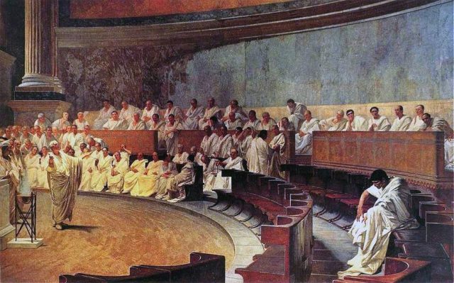 Representation of a sitting of the Roman senate: Cicero attacks Catiline, from a 19th-century fresco in Palazzo Madama, Rome, house of the Italian Senate.