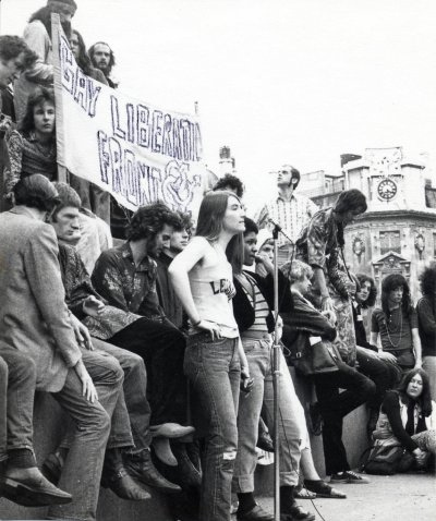 Gay rights demonstration (Trafalgar Square—the Trafalgar Hotel is in the background) including members of the Gay Liberation Front (GLF). The GLF held its first meeting in a basement classroom at the London School of Economics on 13th October 1970. 