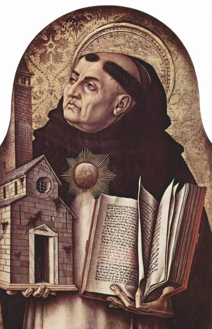 An altarpiece depicting Thomas Aquinas in Ascoli Piceno, Italy, by Carlo Crivelli (15th century).