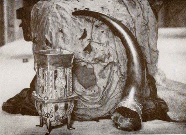 The Dunvegan Cup, Fairy Flag, and Sir Rory Mor's Horn are heirlooms of the MacLeods of Dunvegan. This photo was taken sometime before 1927