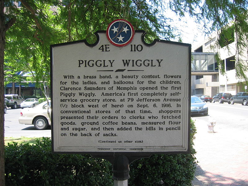 Historical marker near the site of the first Piggly Wiggly store in Memphis, Tennessee. Photo Credit