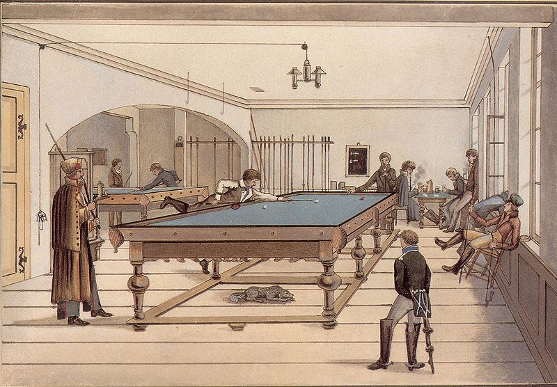 Illustration of a three-ball pocket billiards game in early 19th century Tübingen, Germany, using a table much longer than the modern type