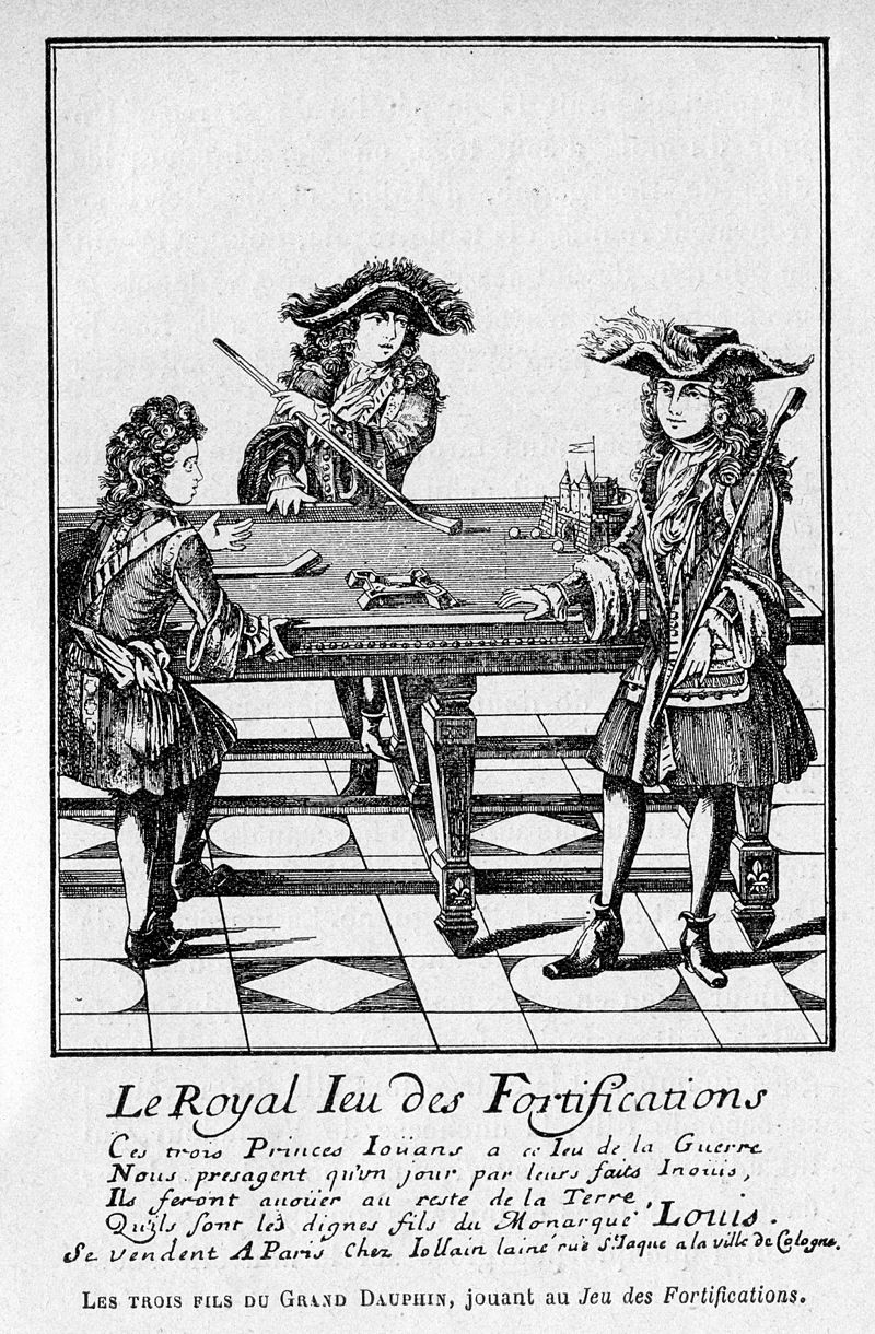 The sons of Louis, Grand Dauphin playing the royal game of fortifications, early form of obstacle billiard