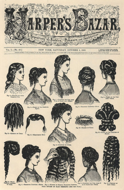 Cover of Volume I, No. 49 of Harper's Bazaar, showing hairstyles.