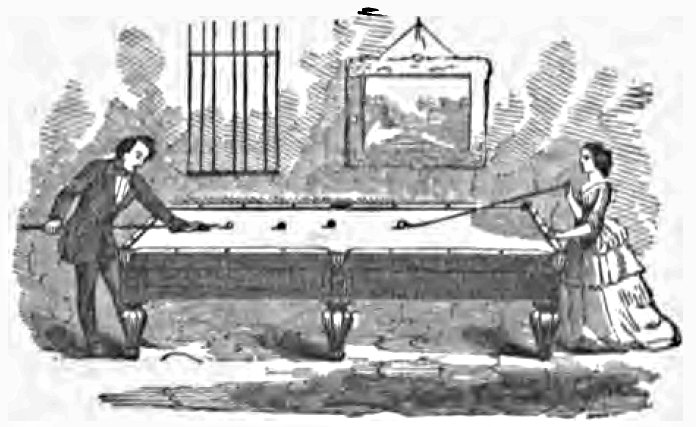 Man playing billiards with a cue and a woman with mace, from an illustration appearing in Michael Phelan's 1859 book, The Game of Billiards