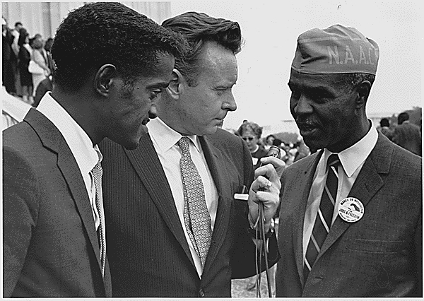 Sammy Davis Jr. (left) with Walter Reuther (center) and Roy Wilkins (right) at the 1963 March on Washington