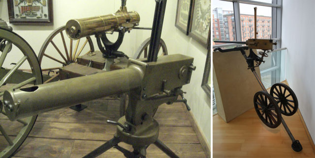 Left-A Gardner gun.Taken at the National Firearms Museum. Photo Credit. Right-An 1887 Gardner machine gun. Photo Credit