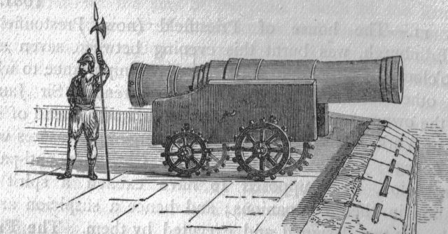 Mons Meg at Edinburgh Castle in the 1680s, showing details of the carriage construction. Photo Credit