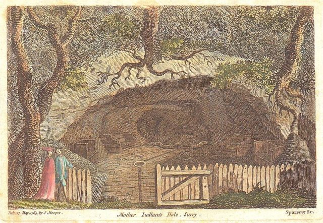 The cave in an engraving, published in 1785, showing how it looked at the time of Francis Grose's visit, as described by William Cobbett