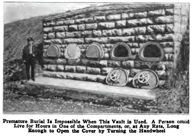 Photograph of a burial vault built circa 1890 to protect against premature burial. Photo Credit