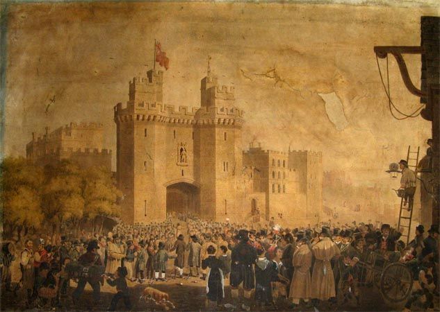 Prisoners were brought to the castle of Lancaster, where the "witches" of Samlesbury and Pendle Hillwere judged in the summer of 1612. Unknown painter, 1827