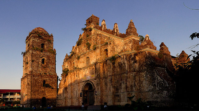 The façade and bell tower of Paoay Church.