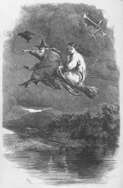 Illustration from William Harrison Ainsworth's novel The Lancashire Witches, published in 1848. Flying was against the laws of nature, and so impossible according to the demonology of King James