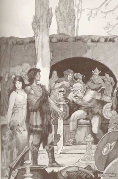 Culhwch at Ysbadadden's court. Image by E. Wallcousins in "Celtic Myth & Legend", Charles Squire, 1920