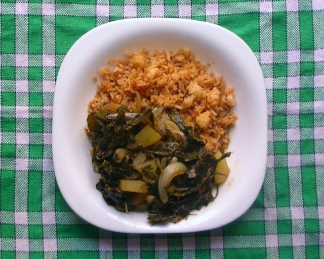 Rice and Chenopodium album leaf curry with onions and potatoes; a vegetarian curry Photo Credit 