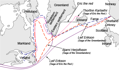 The different sailing routes to Greenland, Vinland (Newfoundland), Helluland (Baffin Island) and Markland (Labrador) travelled by different characters in the Icelandic Sagas, mainly Saga of Erik the Red and Saga of the Greenlanders.