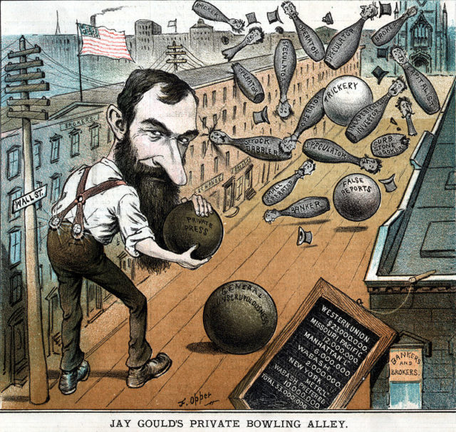 Cartoon depicting Wall Street as “Jay Gould’s Private Bowling Alley”