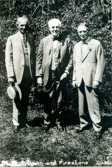 From Left to Right: Henry Ford, Thomas Edison, and Harvey Firestone, the three partners of the Edison Botanic Research Corporation. Photo Credit