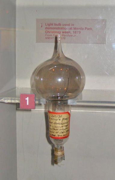 Thomas Edison’s first successful light bulb model, used in public demonstration at Menlo Park, December 1879 Photo Credit
