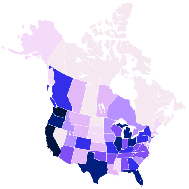 Distribution of reported Bigfoot sightings in North America.