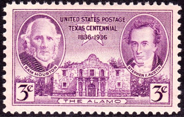 First stamp to commemorate battle was issued in 1936, the 100th anniversary of the battle, depicting Sam Houston and Stephen Austin.