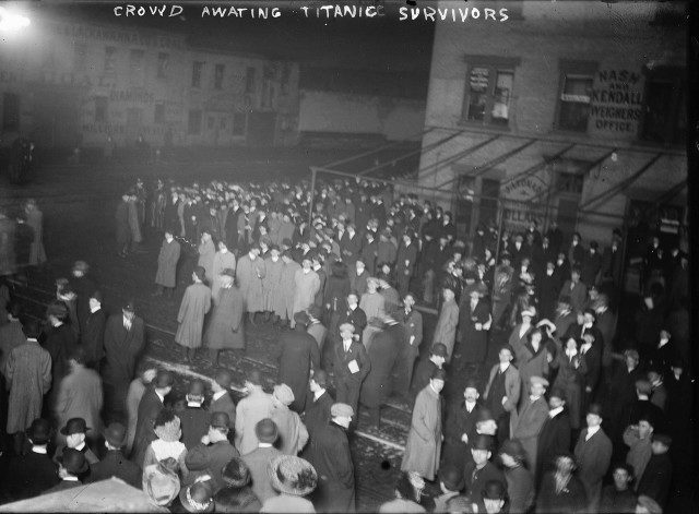 Crowds gathered at Pier 54 in New York–the Cunard Line pier–awaiting the arrival of the ship Carpathia carrying Titanic survivors. Photo Credit