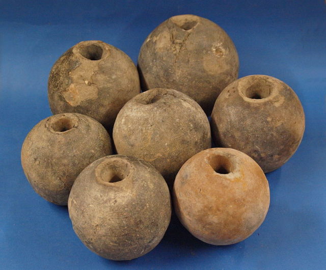 Seven ceramic hand grenades of the 17th Century found in Ingolstadt Germany Photo Credit