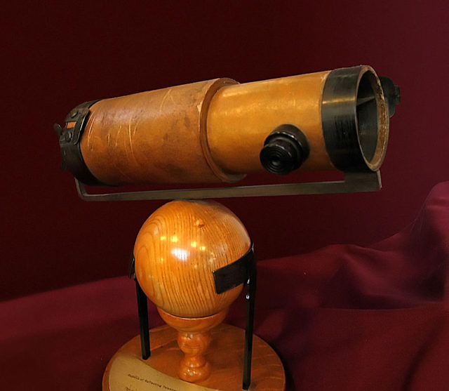 A replica of Newton’s second reflecting telescope that he presented to the Royal Society in 1672. Photo Credit