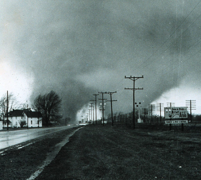 Image of the “double tornado” destroying the Midway Trailer Park, on U.S. Route 33, in Dunlap, Indiana.
