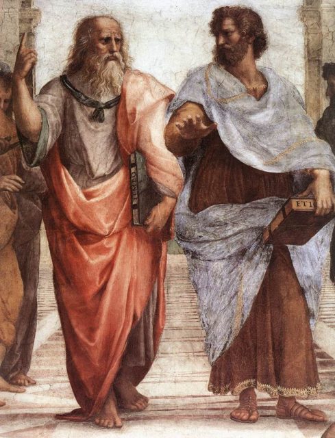 Plato (left) and Aristotle (right), a detail of The School of Athens, a fresco by Raphael.