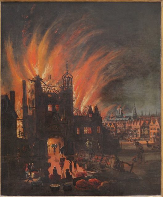 Ludgate in flames, with St Paul's Cathedral in the distance (square tower without the spire) now catching flames. Oil painting by anonymous artist, ca. 1670.