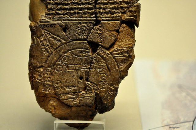 A close-up view of the Babylonian map of the World. This partially broken clay tablet contains both cuneiform inscriptions and a unique map of the Mesopotamian world. Probably from Sippar, Mesopotamia, Iraq. 700-500 BCE. The British Museum, London.
