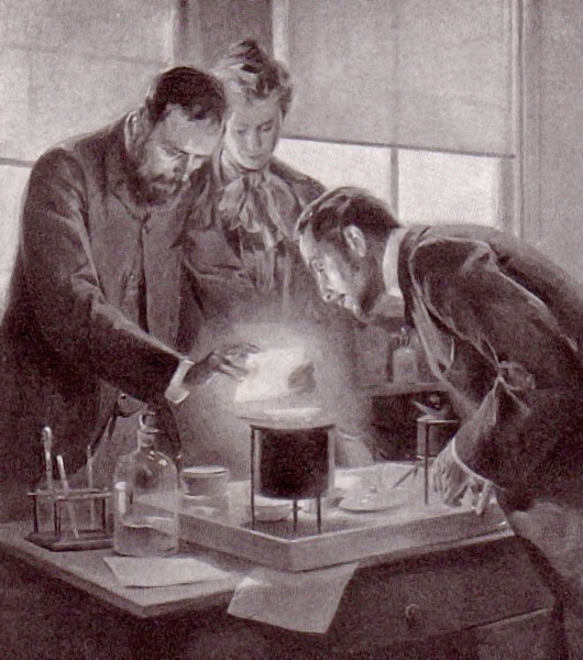 Marie and Pierre Curie experimenting with radium, a drawing by André Castaigne.