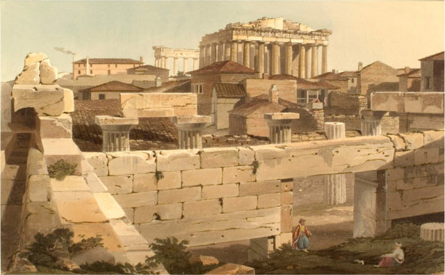 "View of the Parthenon from the Propylea", Edward Dodwell, Views in Greece, London 1821, depicting buildings of the time within the Acropolis