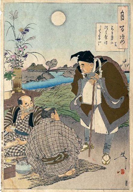 Bashō meets two farmers celebrating the mid-autumn moon festival in a print from Yoshitoshi’s Hundred Aspects of the Moon.