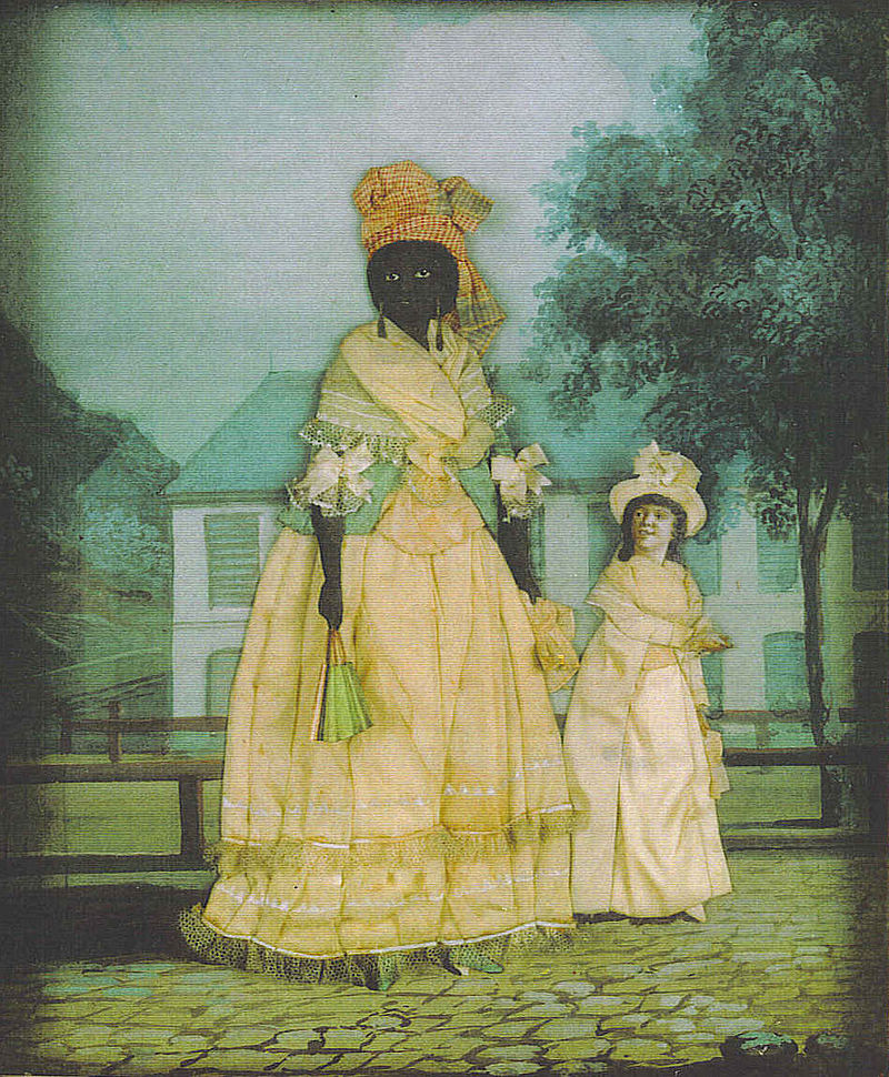 Free woman of color with quadroon daughter. Late 18th-century collage painting, New Orleans.