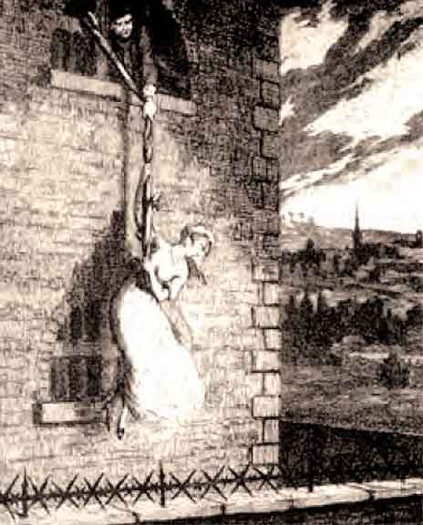Jack used a rope of knotted bedclothes to lower Bess during their escape