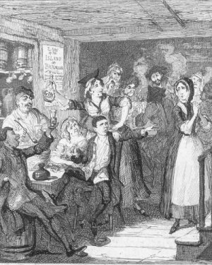  Sheppard in a tavern drinking liquor. Engraving of the artist George Cruikshank made to illustrate the novel Jack Sheppard of Ainsworth