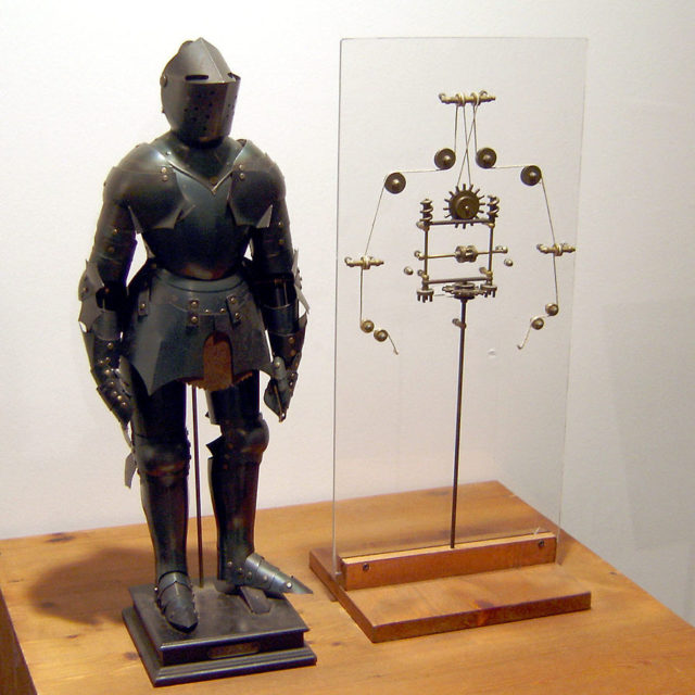 Model of Leonardo’s robot with inner workings, on display in Berlin. Photo Credit
