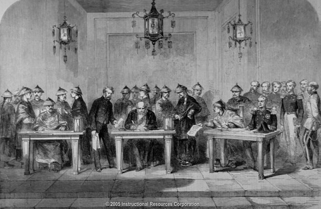 Signing of the Treaty of Tientsin in 1859-06-06 after China lost the war.