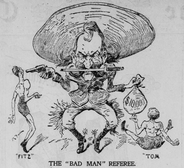 A cartoon caricature of Wyatt Earp after the Sharkey-Fitzimmons fight. The public was outraged by Earp’s decision as referee and newspapers pilloried him for many weeks afterward.