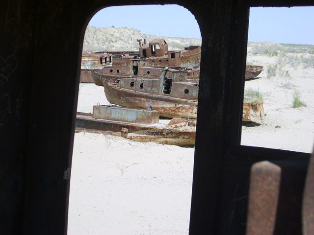Rusting hulks of trawlers abandoned in Mo‘ynoq after the shrinking of the Aral Sea Photo Credit