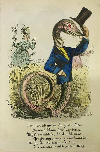 An 1870s Vinegar Valentine. The sender declares that she would never marry a superficially attractive male “snake” who would make her miserable as a wife.
