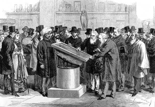 Experts inspecting the Rosetta Stone during the Second International Congress of Orientalists, 1874